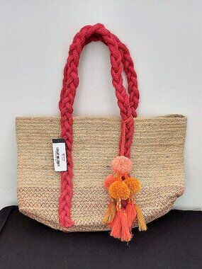 Lulus Boho Beach Bag Orange Pom Pom BraideTassel and Go! Shoulder size.